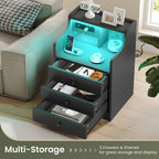 Black LED bedside table with three drawers, illuminated shelf and built-in power panel