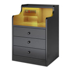 Black LED bedside table with three drawers, illuminated shelf and built-in power panel