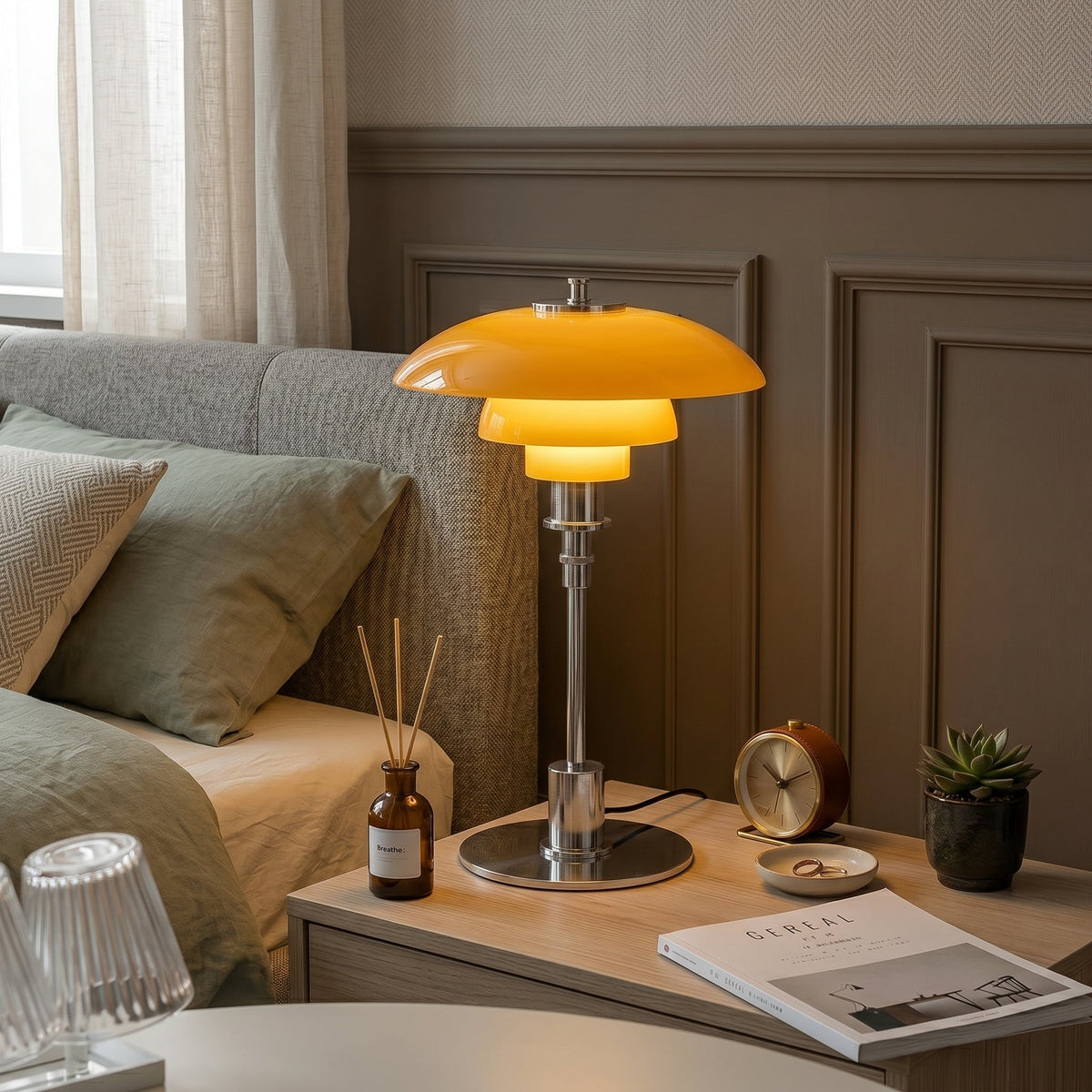 Layered dome LED table lamp with slim stem and round base