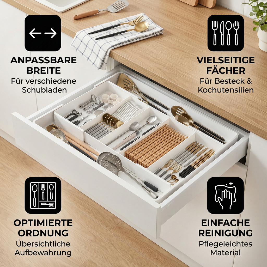 White compartmented cutlery organiser arranged inside a kitchen drawer