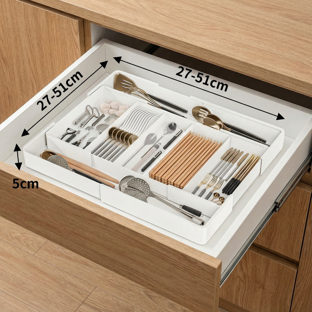 White compartmented cutlery organiser arranged inside a kitchen drawer