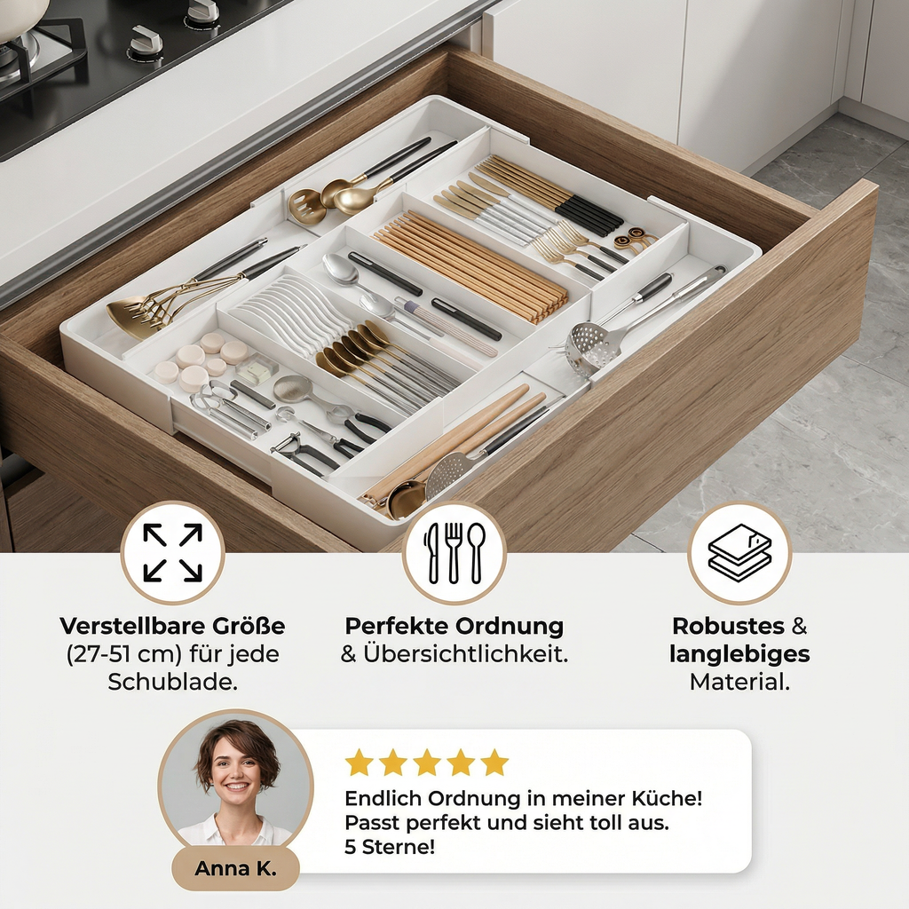 White compartmented cutlery organiser arranged inside a kitchen drawer