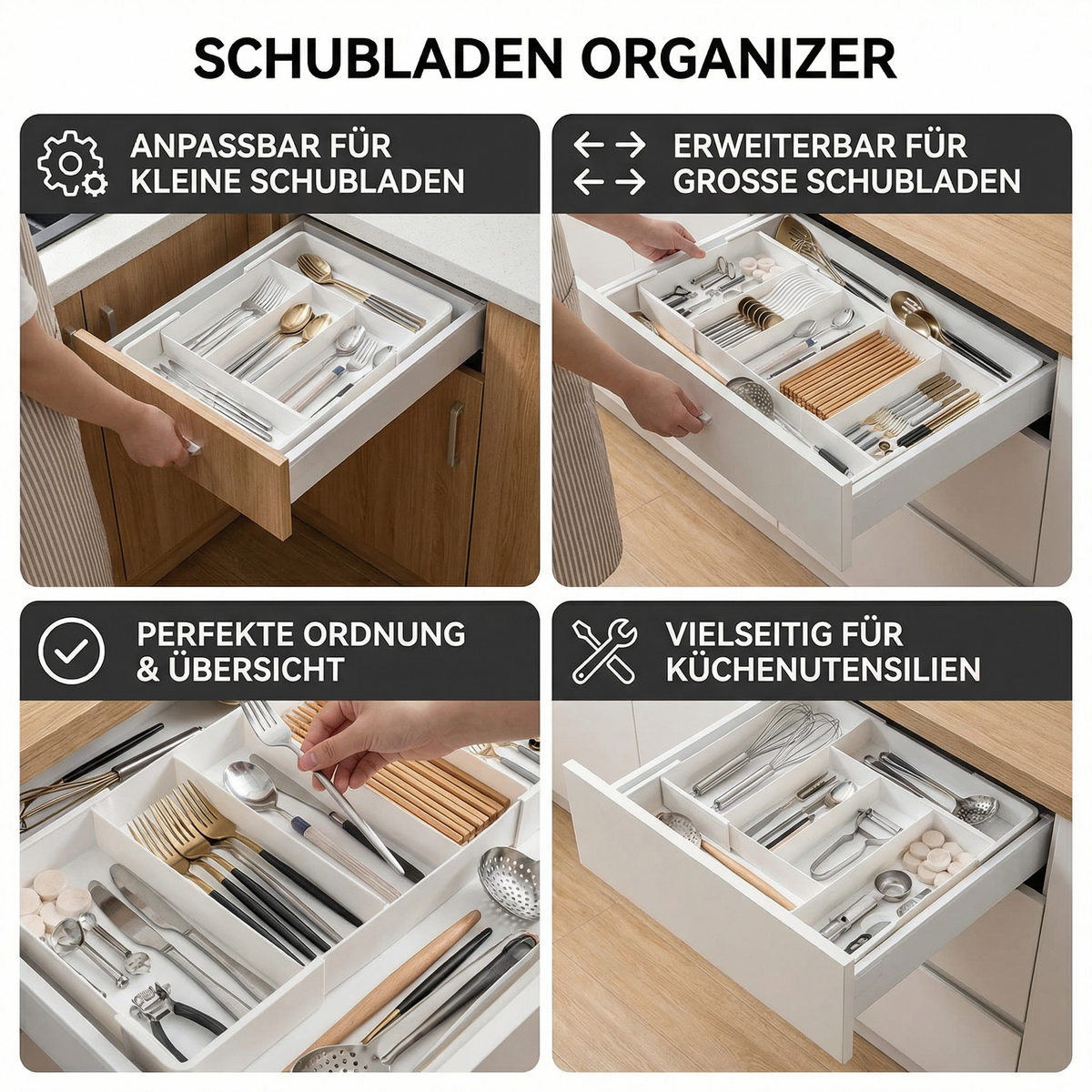 White compartmented cutlery organiser arranged inside a kitchen drawer
